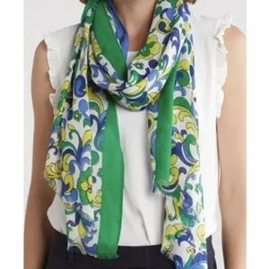 kate spade new york Green Blue Ivory Yellow floral scroll Long Oblong scarf NWT